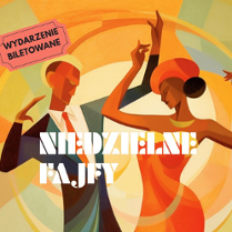 Kolorowa grafika promująca wydarzenie przedstawia tańczącą parę. Kobieta ma na sobie czerwoną sukienkę bez rękawów, a mężczyzna czarno-zielony garnitur i pomarańczowy krawat.