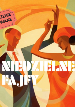 Kolorowa grafika promująca wydarzenie przedstawia tańczącą parę. Kobieta ma na sobie czerwoną sukienkę bez rękawów, a mężczyzna czarno-zielony garnitur i pomarańczowy krawat.