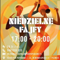 Kolorowa grafika promująca wydarzenie przedstawia tańczącą parę. Kobieta ma na sobie czerwoną sukienkę bez rękawów, a mężczyzna czarno-zielony garnitur i pomarańczową krawat.