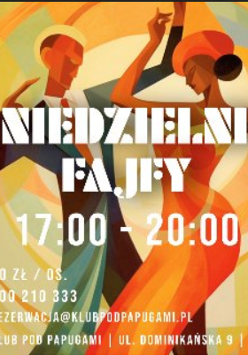 Kolorowa grafika promująca wydarzenie przedstawia tańczącą parę. Kobieta ma na sobie czerwoną sukienkę bez rękawów, a mężczyzna czarno-zielony garnitur i pomarańczową krawat.