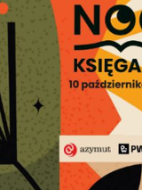 Plakat promujący wydarzenie "Noc Księgarń", które odbędzie się 10 października 2025 roku. W tle abstrakcyjne graficzne kształty w kolorach zielonym, pomarańczowym, żółtym i czarnym. Na dole widoczne są logotypy organizatorów: Azymut i Grupa PWN.
