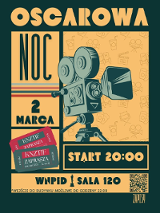 Plakat promujący wydarzenie z elementami kojarzącymi się z kinem. Na nim stara kamera. W tle grafiki przypominające bilety. Informacje z plakatu znajdują się w treści artykułu.