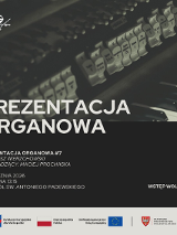 Zdjęcie klawiszy fortepianu. Połowa zdjęcia zakryta czarnym tłem. Na tle napis "prezentacja organowa".