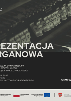 Zdjęcie klawiszy fortepianu. Połowa zdjęcia zakryta czarnym tłem. Na tle napis "prezentacja organowa".