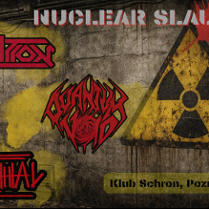 Plakat koncertu metalowego "Nuclear Slaughter" z logo zespołów Deadhunter, Obscure Void i Morbidial na tle zniszczonej ściany z symbolem promieniowania; informacja o miejscu: Klub Schron w Poznaniu, 21 marca.