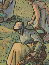 Trzy kobiety pielące trawę. W dłoniach trzymają niewielkie nożyki oraz kosze.