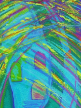 Jeden z obrazów Czerniawskiej. Jaskrawe kolory- zielony, niebieski, żółty, różowy.