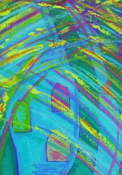 Jeden z obrazów Czerniawskiej. Jaskrawe kolory- zielony, niebieski, żółty, różowy.