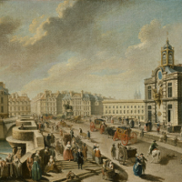 Obraz Nicolas-Jean-Baptiste Raguenet przedstawiający Most Pont-Neuf z budynkiem pompy ":Samarytanki" - widok z bulwaru quai de la Mégisserie,