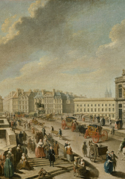 Obraz Nicolas-Jean-Baptiste Raguenet przedstawiający Most Pont-Neuf z budynkiem pompy ":Samarytanki" - widok z bulwaru quai de la Mégisserie,
