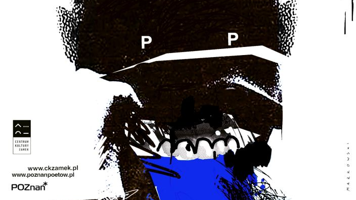 Plakat festiwalu Poznań Poetów, bardzo fantazyjny. Przedstawia rysunkowego człowieka, namalowanego jakby węglem, który ma niebieski język, a zamiast oczy ma literki P.