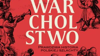 Czerwona okładka, z górnej perspektywy widać rysunkowe postacie szlachciców i chłopów, niektórzy się wykłócają, inni walczą, inni tańczą.