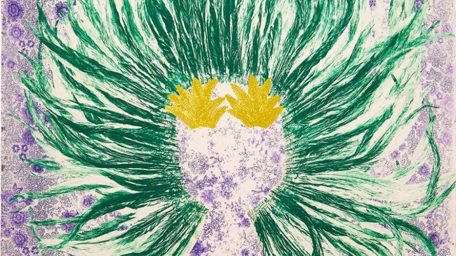 Malunek abstrakcyjny, przypomina kobietę leżącą w fioletowej wodzie - zielone wodorosty przypominają włosy, a żółte liście w centrum - oczy.