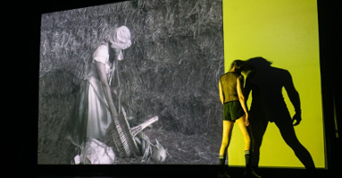 Perfomer opiera głowę o ścianę, na której odbija się jego cień. Obok, na dużym ekranie, wyświetlona jest postać kobiety w starodawnym kostiumie.