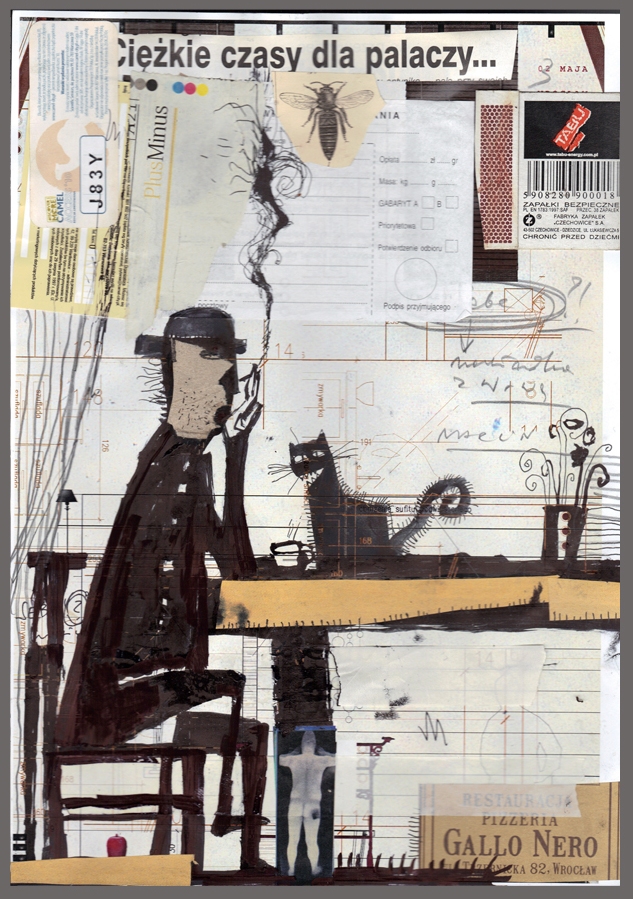 Rysunek przedstawia siedzącego przy stole mężczyznę, który pali papierosa, a obok niego, na stole, siedzi szczerzący zęby i rozczochrany czarny kot. Rysunek wesoły, utrzymany w tonacji czarno-żółtej. - grafika artykułu