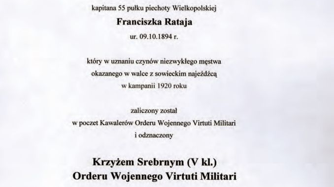 Pismo o zaliczeniu Franciszka Rataja w poczet Kawalerów Orderu Wojennego Virtuti Militari.