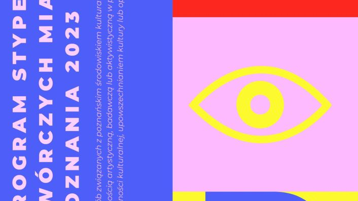 Plakat informujący o stypendiach jest w czterech ostrych kolorach - niebieskim, żółtym, czerwonym i różowym. Z prawej strony dominuje narysowane żółte, otwarte oko, z lewej jest część informacyjna.