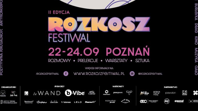 Plakat festiwalu z graficznym wizerunkiem postaci trzymającej się rękoma za szyję.