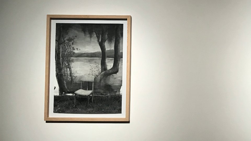 Dwie fotografie w ramach, które wiszą na ścianach. Na jednej krajobrazowe tło fotograficzne, a na drugim kobieta z dzieckiem.