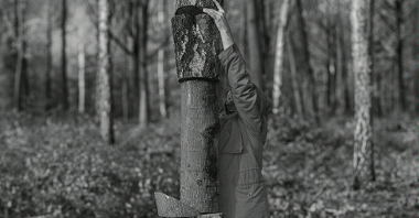 Mężczyzna przytrzymuje ułożone na sobie pnie drzewa.