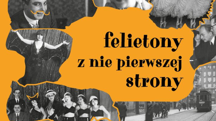 Pomarańczowa okładka książki z biało-czarnymi fragmentami zdjęć z dwudziestolecia międzywojennego. Niektóre zdjęcia mają domalowane zabawne elementy, jak okulary czy wąsy.