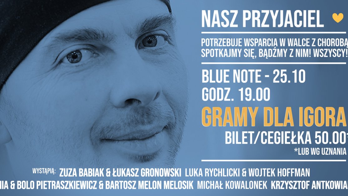 Plakat koncertowy z datą i godziną koncertu, wykonawcami, w tle twarz Igora.