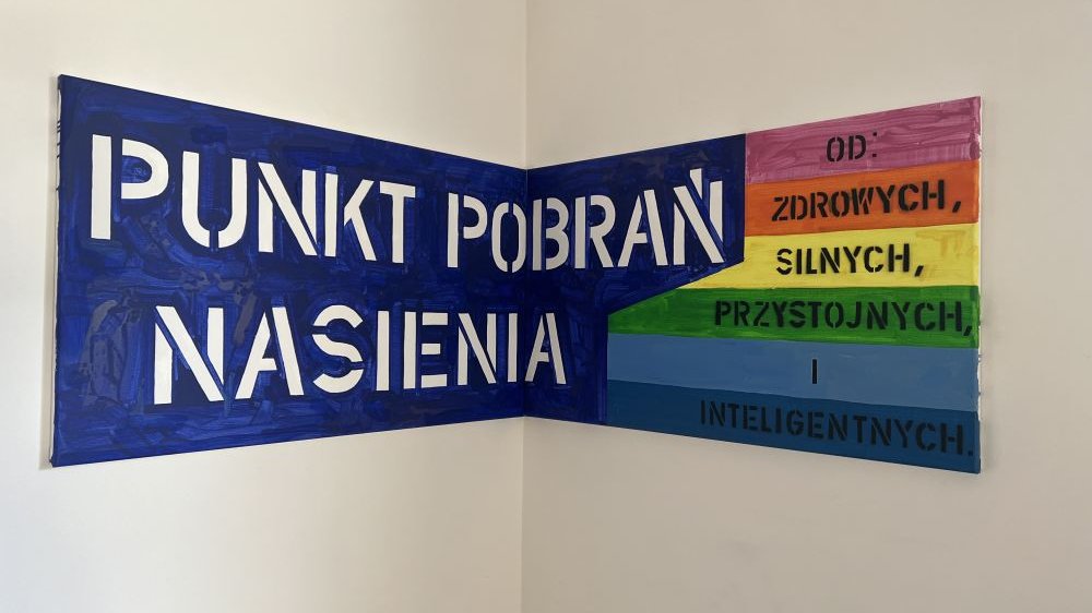 Na kolorowym, powieszonym na dwóch graniczących ze sobą ścianach plakacie, napisane jest hasło "Punkt pobrań nasienia od zdrowych, silnych, przystojnych i inteligentnych".