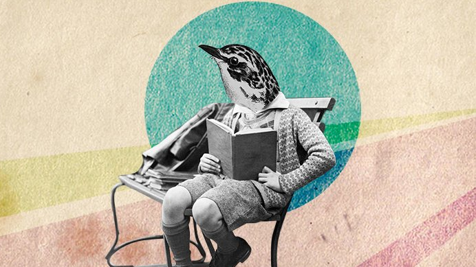 Rysunkowy, utrzymany w pastelowych barwach baner przedstawiający siedzącego na ławce i czytającego książkę ptaka. Ptak ma ciało małego chłopca, ubrany jest w kardigan i krótkie spodenki.