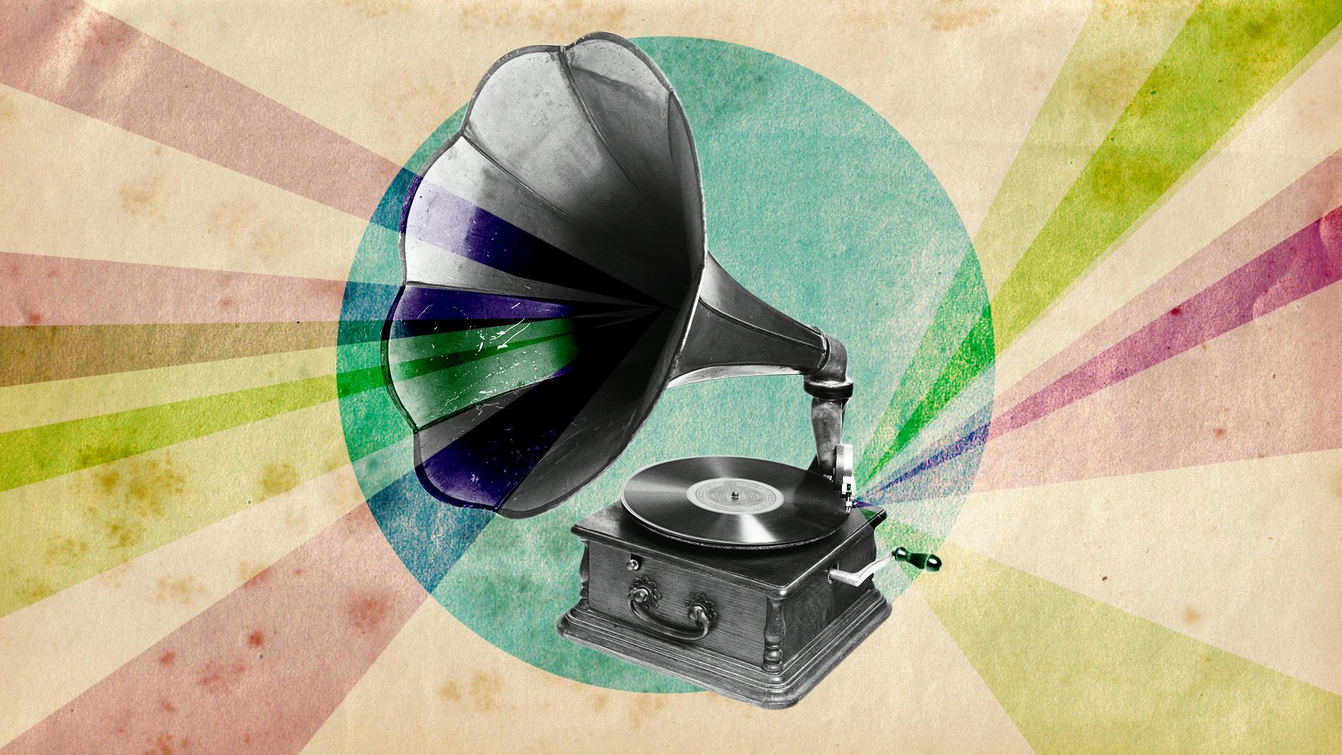 Staroświecki gramofon z wielką tubą, za nim kolorowe, świetliste tło.