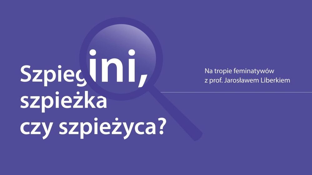 Fioletowa grafika promująca spotkanie z prof. Jarosławem Liberkiem.