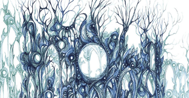 Niebieski, misterny rysunek na białym tle przypominający las lub pawie pióra.
