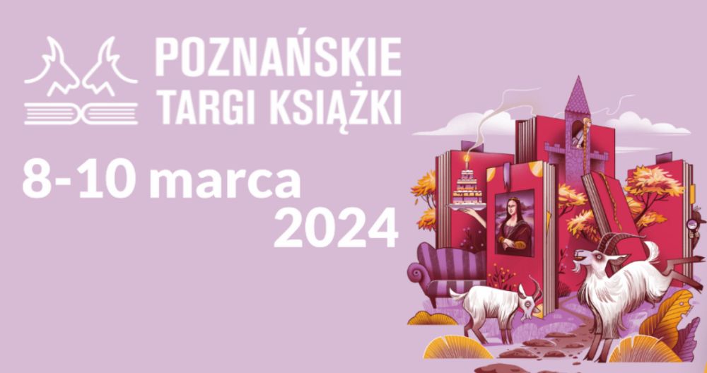 Różowy plakat wydarzenia z białymi napisami i rysunkiem książek i poznańskich koziołków. - grafika artykułu