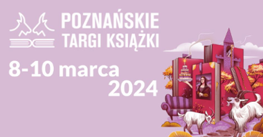 Różowy plakat wydarzenia z białymi napisami i rysunkiem książek i poznańskich koziołków.