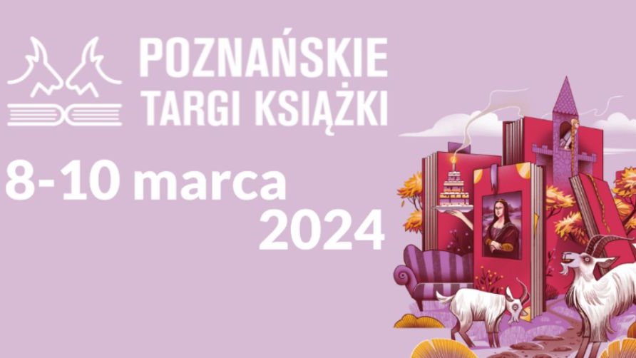 Różowy plakat wydarzenia z białymi napisami i rysunkiem książek i poznańskich koziołków.