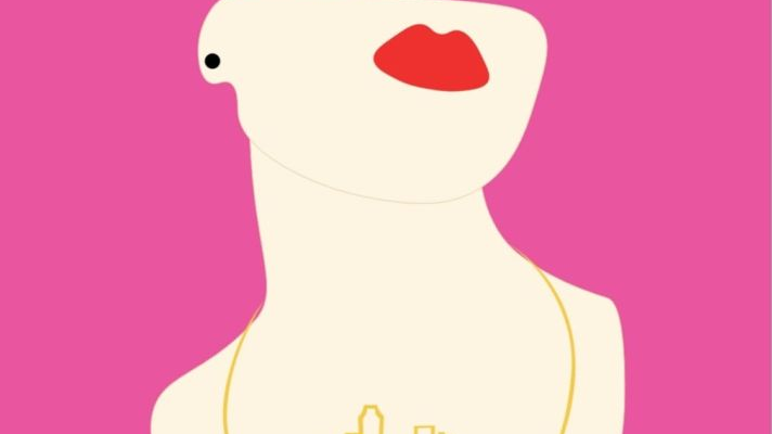 Różowy plakat festiwalu z graficznym motywem kobiecego popiersia o czerwonych ustach, na którego szyi wisi naszyjnik w kształcie zarysu miasta.