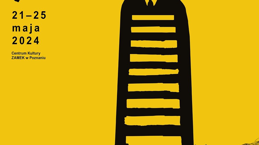 Żółty plakat. W centralnej części rysunkowa postać, której ciało złożone jest z książek, data: 20-25.05