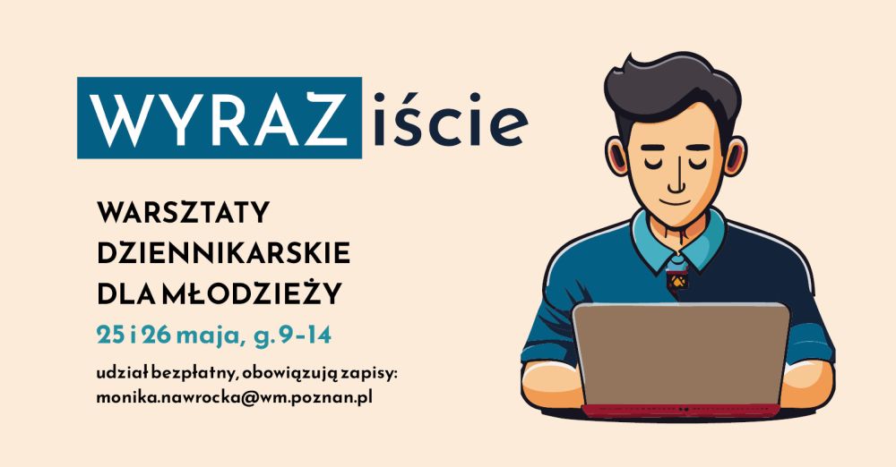 Plakat wydarzenia z rysunkowym chłopcem piszącym coś na laptopie. - grafika artykułu