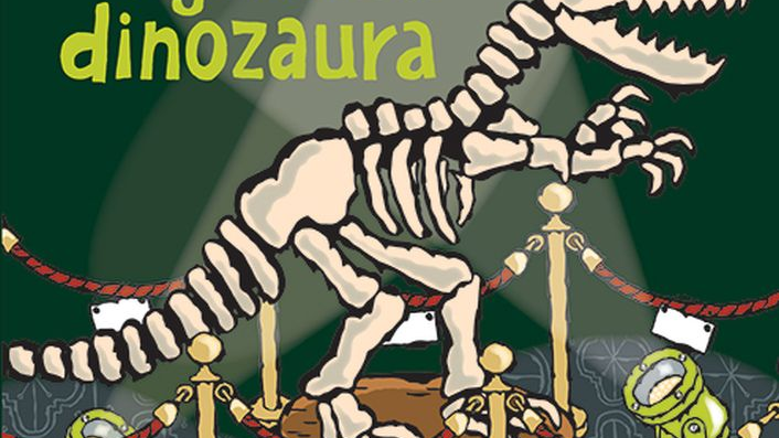 Okładka książki z wiodącym motywem szkieletu dinozaura w muzeum.