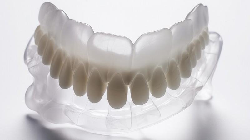 Na białej okładce w centrum widnieje przeźroczysta protezowa zębowa, która daje cień.