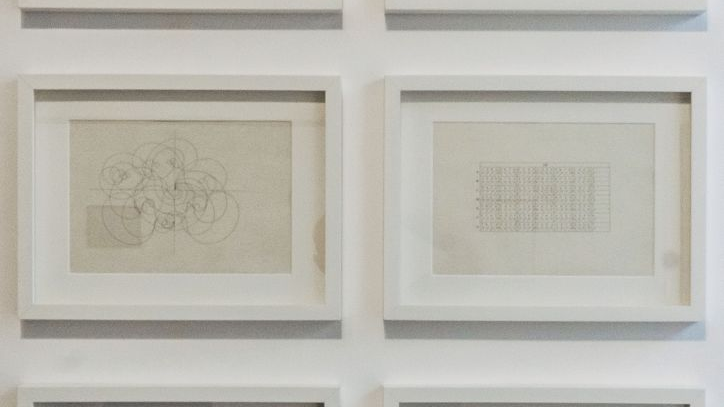 Równolegle powieszone na ścianie dwa rzędy obrazków. Są proste, to szkice ołowkiem na białej kartce, oprawione w białe ramki.