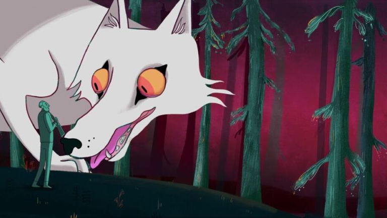 Animowany biały wilk i, znacznie mniejszy od niego, człowiek. Są w lesie, jest ciemno.