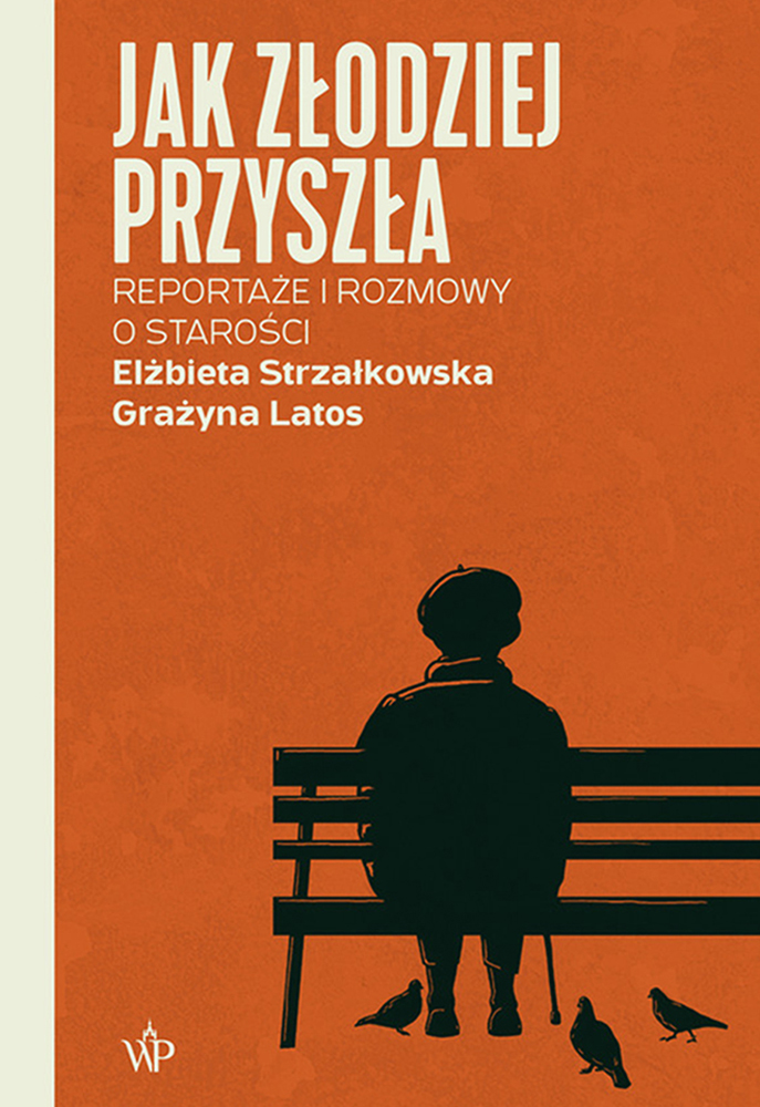 Okładka książki, w centrum starsza kobieta siedząca tyłen na ławce. Na ziemi gołębie. - grafika artykułu