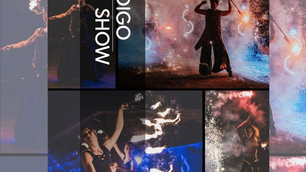 Kolaż ze zdjęć tancerzy ognia, są wśród nich mężczyźni i kobiety, tańczą z płonącymi kołami, pochodniami i innymi obiektami artystycznymi.