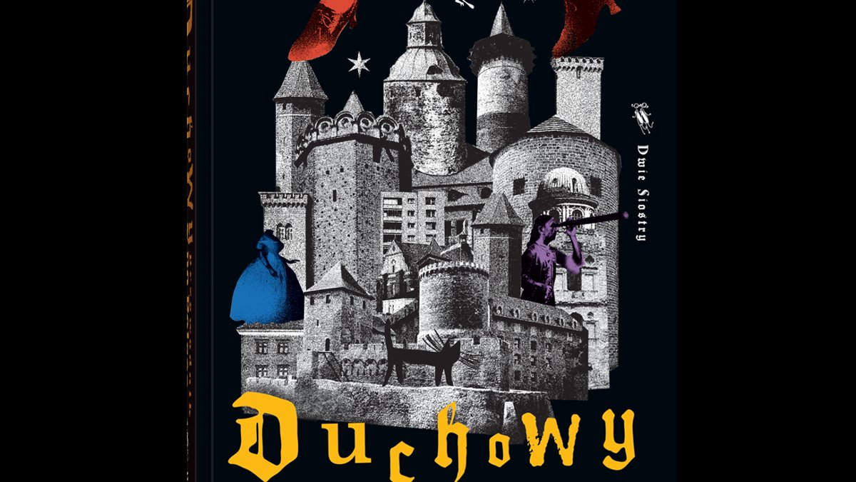 Okładka, narysowane, szare zamczysko. Buszują po jego murach kolorowe postacie duchów - bezgłowa dama w niebieskiej sukni czy czarny kot z długimi wąsiskami. Nad zamkiem chodzi duża dziewczynka w czerwonym kolorze - widać jej stopy i rąbek długiej spódnicy.