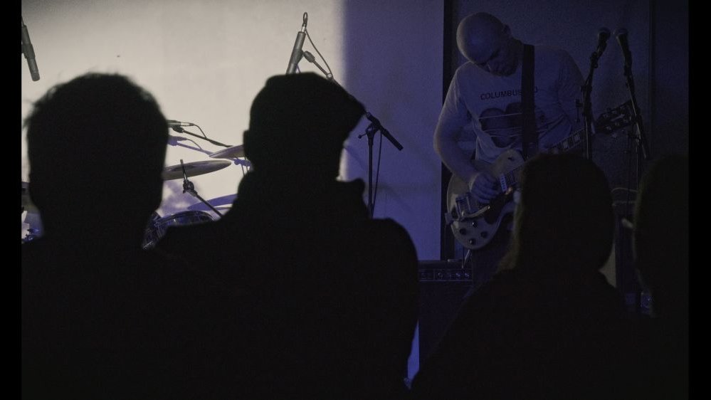 Koncert, publiczność, fotografowana od tyłu, wpatruje się w grającego na scenie gitarzystę.