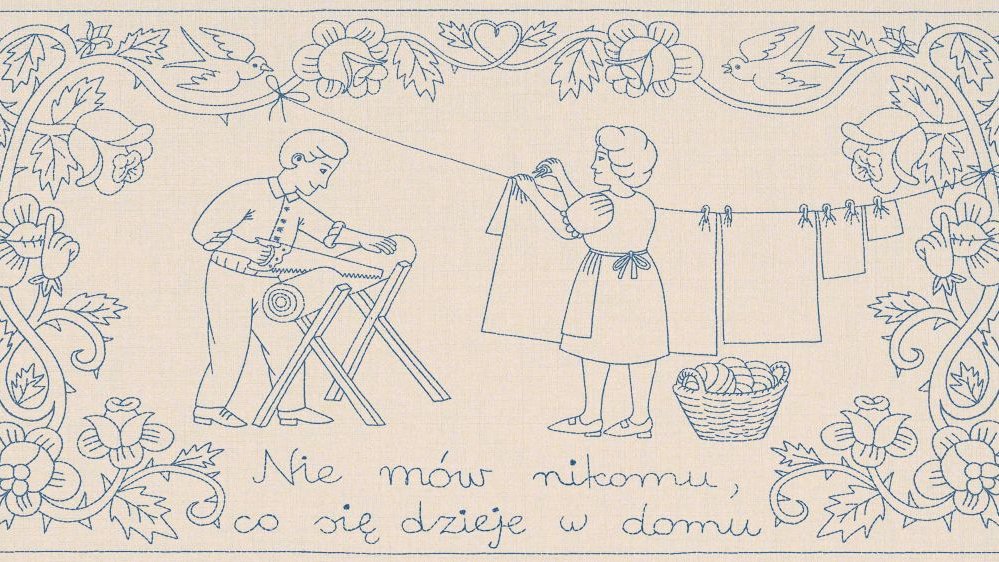 Na makatce ta sama scena co powyżej, inny jest wyłącznie napis - "nie mów nikomu, co się dzieje w domu".