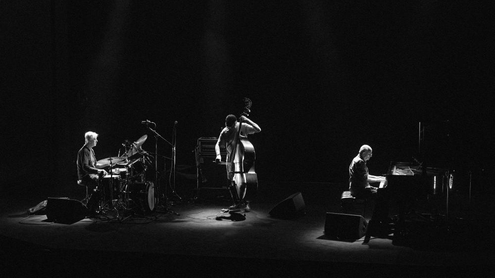 Koncert, ciemność, trzech muzyków podczas występu oświetlonych jedynie punktowym światłem.