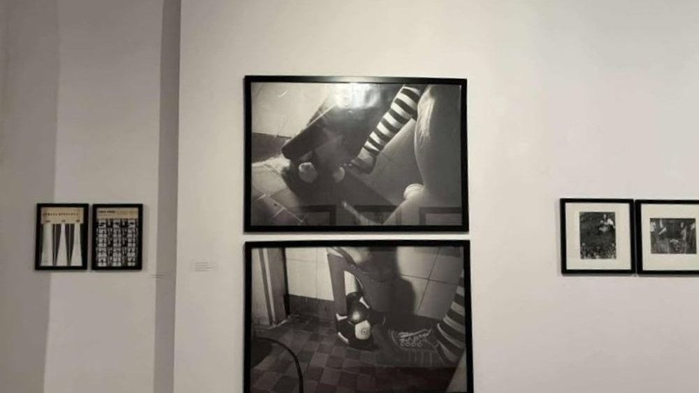 Czarno-białe fotografie na białej ścianie galerii.