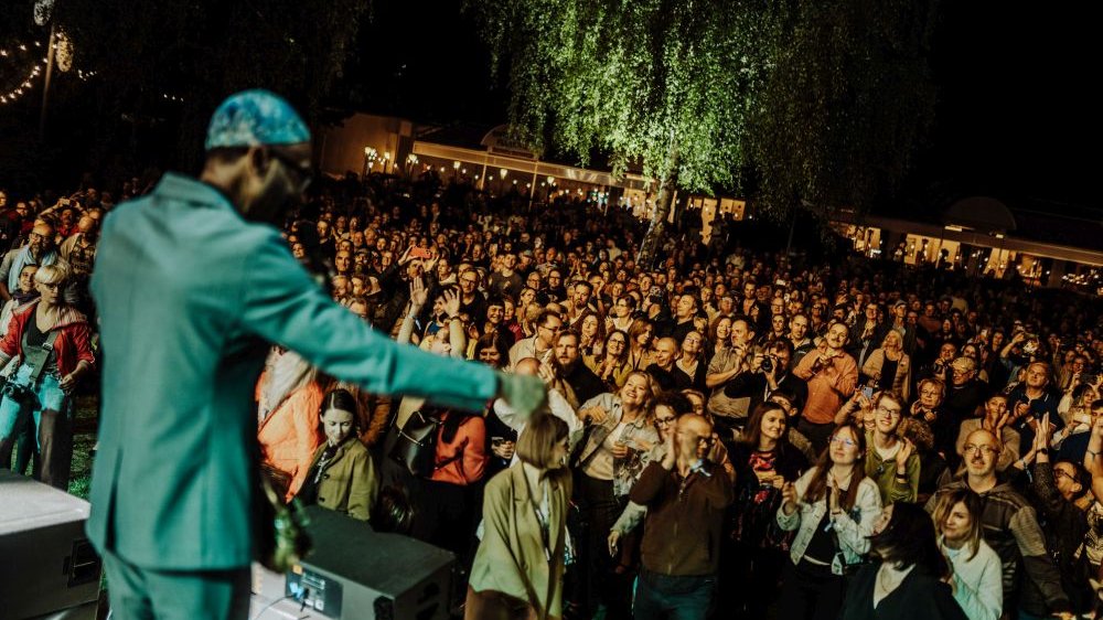 Artysta i roztańczona publiczność podczas wieczornego koncertu.
