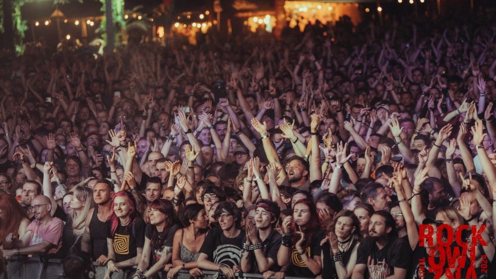 Publiczność bawi się na festiwalu wyciągając ręce w górę.